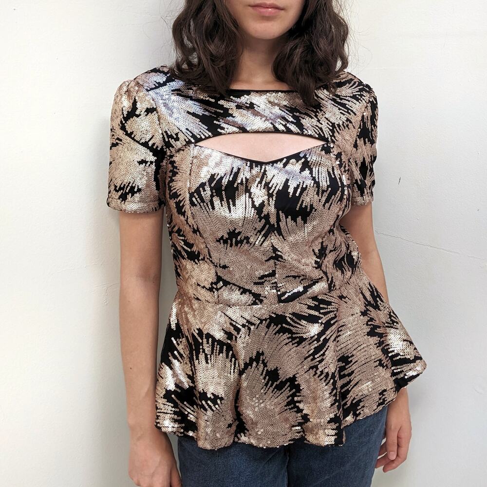 Nikibiki Midnight Sequin Gold Black Futuristic Peplum Top S